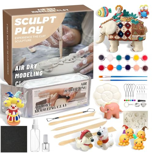 Lufttrocknendes Ton-Töpfer-Set für Anfänger - Töpferset für kinder, Töpferset für Zuhause, DIY Töpferset, Kreativ Clay Set, Basteln Töpferset- Enthält Lufttrocknend Ton, Farbe und Werkzeugset(Weiß)