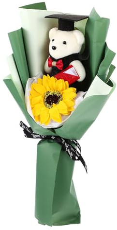 DEARMAMY Bouquet Artigianale Orsetto Laureato in Legno e Tessuto Decorazione Festa di Laurea Bianca Accessorio Fotografico per Celebrazioni e Regalo Maturità Ragazza