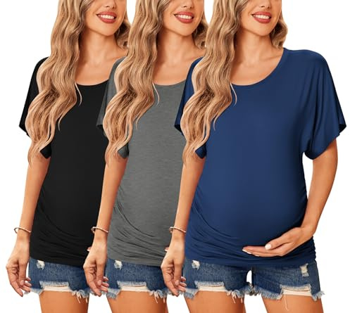 Ekouaer Maternity Shirts 3 Packs Navy Blue/Black/Dark Gray L