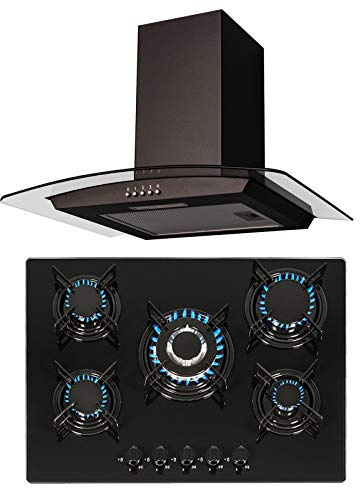 SIA 70cm 5 Burner Black Gas On Glass Hob & Curved Glass Chimney Cooker Hood Fan