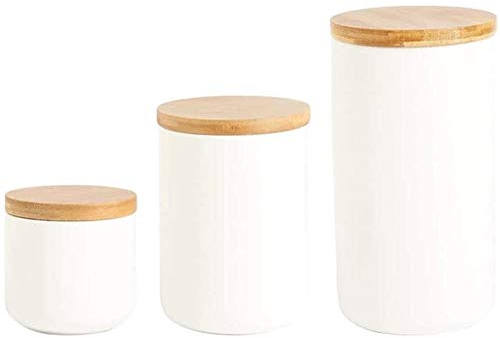 Vorratsdosen set Aus weißen Keramik Lebensmittel Lagerbehälter 3er-Set mit Airtight Holz Lids Kleinem Kaffee Kanistern Gläsern, Pantry Organisation und Speicher for Tee Kaffee Snacks Zucker Mehl Spice