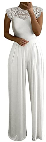 Graceyo Jumpsuit Damen Elegante, Spitze Spleißen Festlich Hochzeit Damen Lang Weites Bein Hosen Hohe Taillen Elegant Einteiler Overall Frauen Blumenspitze Business Party Breites Bein Hosenanzug