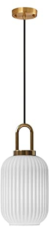 ZTTECH Weiße Glas-Pendelleuchte mit geripptem Glas-Lampenschirm und Bronze-Finish, moderne Retro-Deckenleuchte-Hängelampe (140mm)…