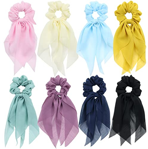 8 Stück bunte einfarbige lange Chiffon-Haarschleifen für Mädchen, Seiden-Haargummis für dickes Haar, Pferdeschwanz, Halter, elastische Gummischal, Haarbänder der 90er Jahre Haarschmuck für Frauen