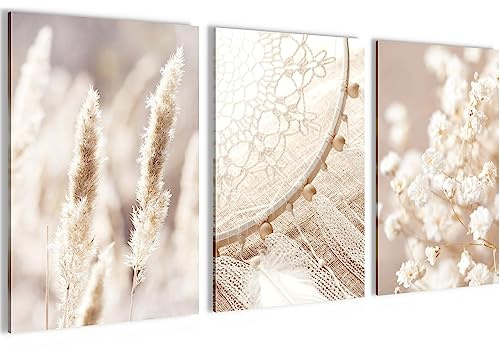 Novart Bilder Set Boho Style - Kein Extra Rahmen benötigt - Wandbilder für Wohnzimmer Schlafzimmer - 3 Teilig Deko Beige - N008736a
