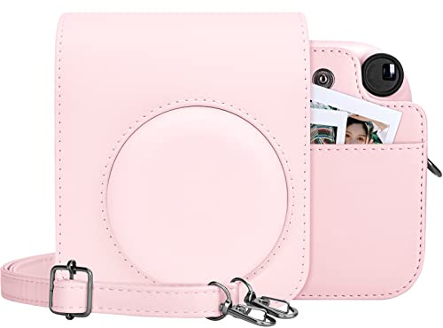 MUZIRI KINOKOO Housse Instax Mini 12 - Cuir PU Étui de Protection pour Fuji Instax Mini 12 Appareil Photo - avec Pochette Photo Stocker des Films ou Photos - Bandoulière Réglable - Rose