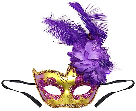 FakeFace Strass Federn Masquerade Maske Venezianische Maske mit seitlicher Feder für Damen, Federmaske Karnevalsmasken Augenmaske Venetian für Maskenball Fasching Karneval Halloween Mottoparty