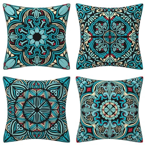 QUALKNOY Set of 4 Velvet Cushion Covers 18x18 Teal Modern Boho Decorative Retro Throw Pillow Covers 45 x 45 cm for Sofa Living Room Outdoor Garden Pillowcases