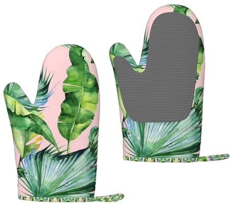Frische Bananenblätter Silikon Ofenhandschuhe - Hitzebeständige Grillhandschuhe mit Fingern Wasserdicht Rutschfeste Ofenhandschuhe Küche Kochen Handschuhe zum Backen, Grillen, Grillen