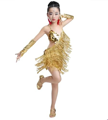 Yyyuluo Niñas Ropa de Baile con Lentejuelas y Flecos Vestido de Baile para Salsa y Tango, Oro 140cm (Tallas más Pequeñas)