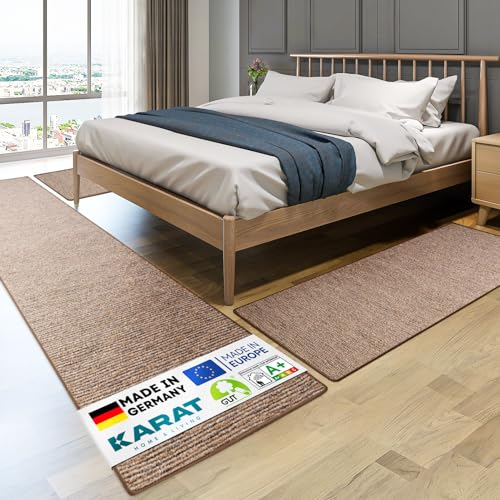 KARAT Bettvorleger - 3-teiliges Set - Moderne Bettumrandung in Hellbraun - Teppich Läufer für Schlafzimmer Wohnzimmer - Flauschiger Teppichläufer Geneva (B: 67 cm | L: 1 x 330 cm + 2 x 130 cm)