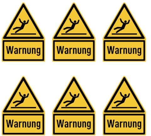 Aufkleber: 75x50 mm, 6 Stück - Signalwort Warnung vor Rutschgefahr - Warnzeichen mit Text (deutsch) (gelb/schwarz) - Dreick - W011 - DIN EN ISO 7010 / ASR A1.3