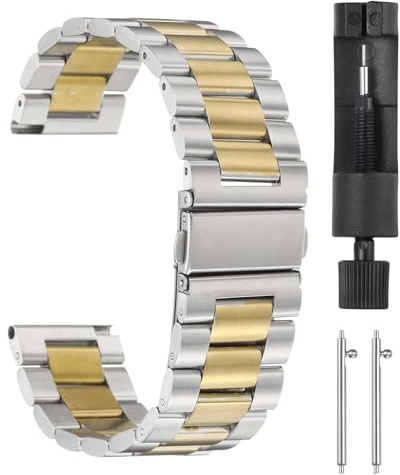 QUARKZMAN Acero Inoxidable Reloj Correas 22 Mm Mariposa Cierre Con Chapado Metálico Liberación Rápida Acero Sólido Cadena Con Adaptador Para Reloj Inteligente Plata Y Oro