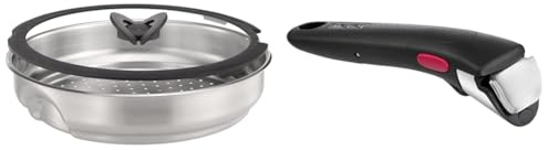Tefal Ingenio Stainless Steel Steamer with Glass Lid & Ingenio Black Handle, Stackable, Removable, 100 Percent Safe, 10 Year Guarantee, L9863342
