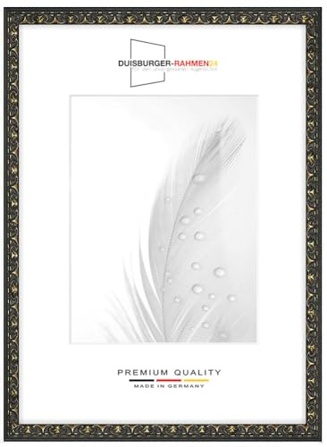Massiv Holz Bilderrahmen Vintage Retro 21 x 29,7 cm DIN A4 in Alt-Schwarz Gold Barock | inkl. bruchsicherer Anti-Reflex Kunstglasscheibe | Rahmen für Poster | Puzzle | Foto collage DR111