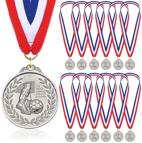 Medallas de fútbol para niños, paquete de 12 medallas de metal plateado con cinta de nailon tricolor, recuerdos de fiesta de fútbol para niños y adultos