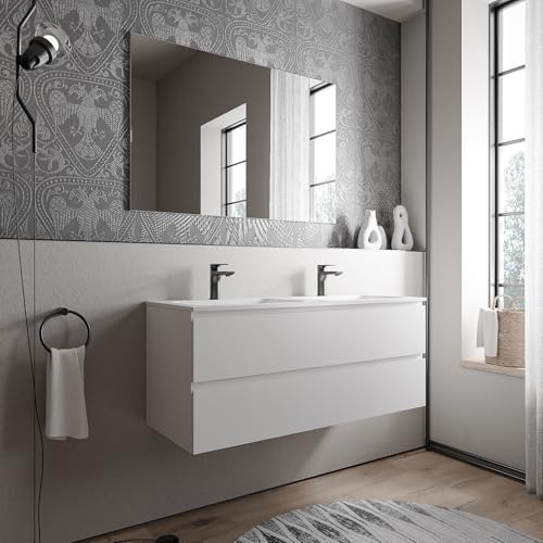 Bernstein Badmöbel-Set AVA 120cm bestehend aus Mineralguss-Doppel-Waschbecken mit Unterschrank in Weiß matt, Waschtisch Bruxelles - Weiß matt mit Hahnloch, Ideal für große Bäder