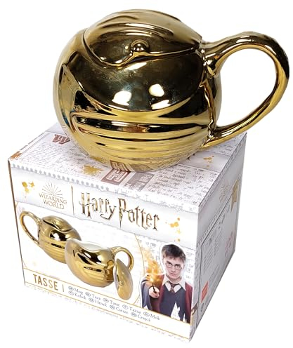 Harry Potter Tasse in Geschenkbox - goldener Schnatz Quidditch Kaffeetasse Becher Kaffeebecher aus Keramik Gold 450 ml