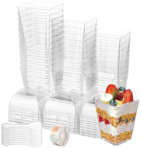 AHAQU 100PCS Plastic Dessert Cups Square, 150ml/5.2oz Mini Cheesecake Pots with Lids, Reusable Clear Parfait Appetizer Cup for Dessert, Pudding, Mousse, Ice Cream, Party