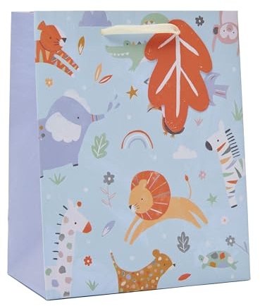 UK Greetings Mittelgroße Geschenktüte für Baby-Jungen/frischgebackene Eltern, Partytüten für Geschenke, Geburtstage, Hochzeiten, Weihnachten, niedliches Tier-Design, 19 x 23 x 8,9 cm