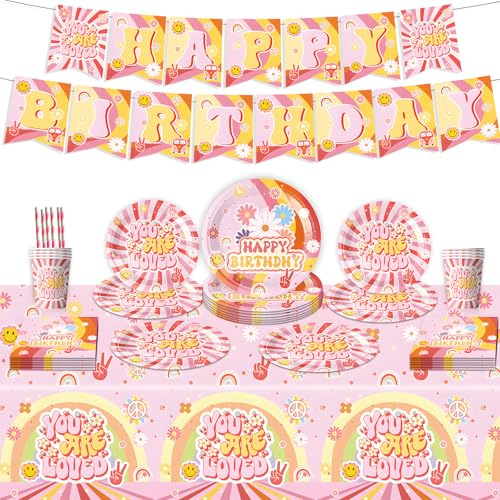Aitsite Ensemble de vaisselle de fête hippie boho arc-en-ciel, vaisselle de fête rétro hippie boho en carton pour 12 invités, ensemble de vaisselle en papier avec assiettes en papier, gobelets
