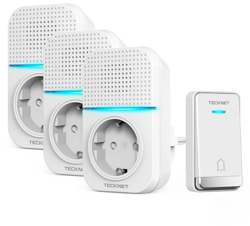 TECKNET Kabellose Türklingel Batterielose, Steckdosen-Funkklingel Wasserdicht Drahtloses Funk Türklingel mit 3 EU-Steckdose und 1 Sender, 400m, 60 Laute Melodien, 5 Lautstärke Stufen, LED-Blinken