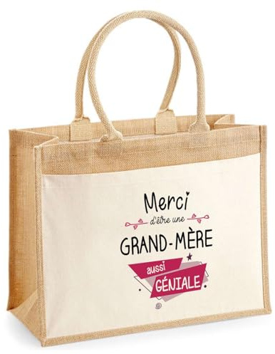 Planetee Cabas jute avec poche Merci Grand-mère Géniale I Sac de shopping avec grande pochette avant Fête des Mères Idée Cadeau