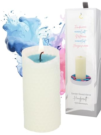Gender Reveal Party Deko Idee - Bienenwachskerze - It's a Boy or Girl - für Babyparty oder Baby Shower - handgerollt (10 cm hoch, Ø 4,7 cm) - Überraschung zur Geschlechtsverkündung - blau
