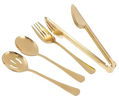 GLEAVI Juego De Pinzas Para Alimentos y Cuchara Sopera De Acero Inoxidable Dorado, 4 Piezas, Mango Ergonómico Antideslizante, Para Uso Cocina, Servir y Barbacoas, Vajilla Hogar