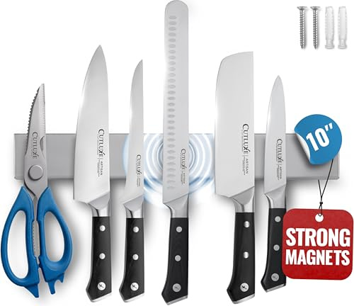 Cutluxe Magnetic Knife Holder for Wall and Fridge - 10 Stainless Steel Knife Magnetic Strip - Holds up 15 lbs, Easy to Mount, With Strong Magnets or Screws