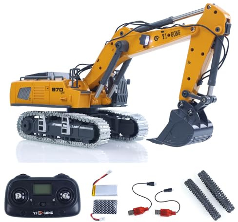Wheelfun Escavatrice telecomandata K970 1/50 RC - Pelleteuse elettrica - Secchio in metallo - Suono leggero - Batteria RTR - Giocattolo ingegneria per adulti giallo