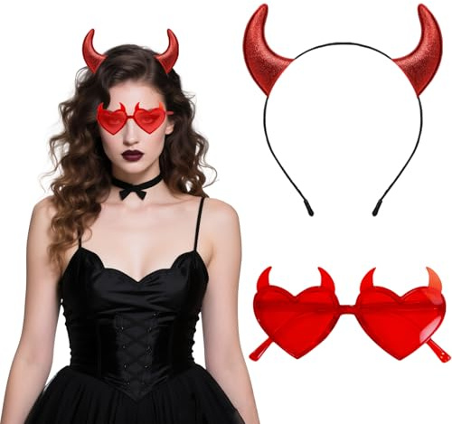 QIZHIQIAMY Serre Tete Halloween 2 Pièces Serre Tete Corne de Diable, Oreilles de Chat, Citrouille Chauve Souris pour Adultes et Enfant Déguisement Accessoires Halloween (Diable A)