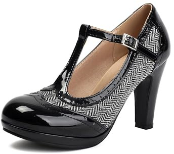 graceretro dam Mary Jane tvåtons 1920-talet pumps klassiska och retro oxfordmönster vintage runda stängda tår 1950-talet ankelremmar skor, svart, 37 EU