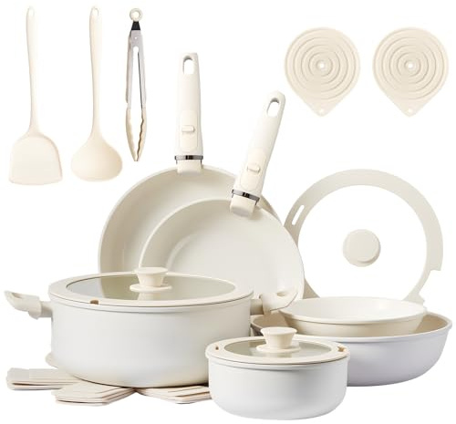 LEADZM Keramik Topfset Induktion，Pfannenset，Kochtopf Set mit | Deckel，Induktions Töpfe Set，22-Teilig，Alle Herde kompatibel, PFOS/PFOA frei（Beige）