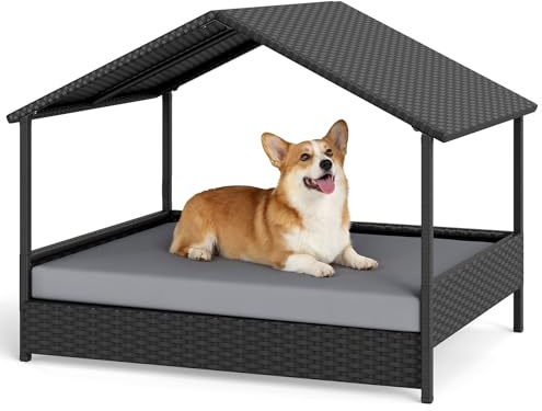 GYMAX Elevated Dog Bed, Raised Rattan Dogs House with Removable Cushion and Canopy, Indoor Outdoor Pet Shelter for Small Medium Dogs Cats (Grey+Black)