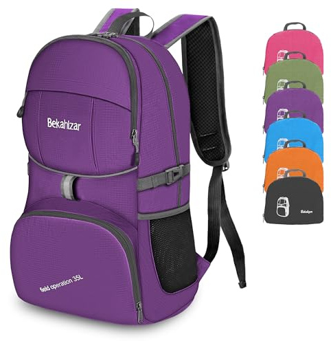 Bekahizar Lightweight Foldable Backpack 35L Hiking Rucksack Daypack Packable Travel Day Bag for Men Women Teens Outdoor Sports Walking Camping Travelling Cycling (Purple)