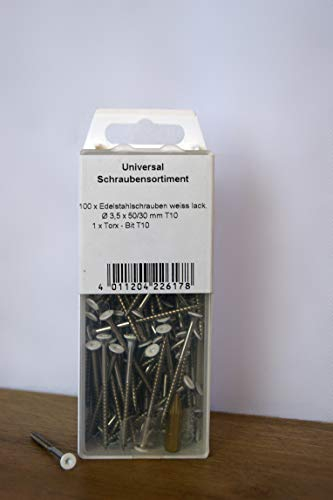 Torx Edelstahlschrauben Weiß | 3,5x50mm | Bit | 100 Stück | Pefekt für die Montage weißer Fußbodenleisten