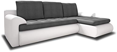 Ecksofa Santi II mit schmutzabweisender Stoff - Couchgarnitur mit Schlaffunktion und Bettkasten, Couch, Polsterecke, Schlafsofa (Weiß + Grau (Madryt 120 + Trinity 14), Rechts)