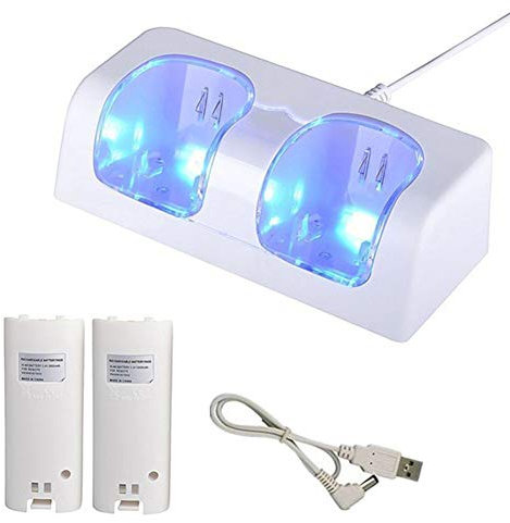 QLING - Estación de carga dual para mando a distancia Nintendo Wii, estación de carga Wii, cargador de Nintendo Gamepad con 2 unidades de batería recargable de 2800 mAh y cable USB (blanco)