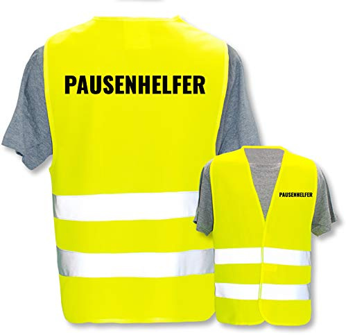 Bedruckte Warnwesten mit ISO-Leuchtstreifen * Standard- oder Reflex-Druck * Thema Kinder & Schule, Warnweste Begriffe Schule:Pausenhelfer, Farbe + Größe:Gelb (S)