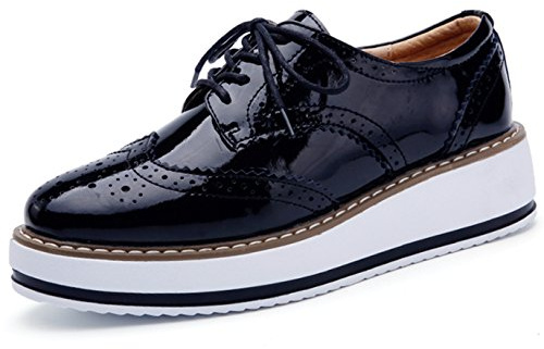 DADAWEN Women's Platform Lace-Up Wingtips Square Toe Oxfords Shoe Black US Size 10/Asia Size 43/26.5cm