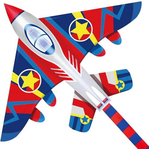 HUGE Fighter Plane Kite for Kids and Adults- 58Wide with long tail- Easy Flyer - Kit Line and Swivel Included- Good for beach kite for children