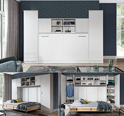 QMM TraumMoebel Schrankbett Wandbett Wandklappbett horizontal HB 90x200 mit 2 Schränken & Aufsatz - weiß-matt