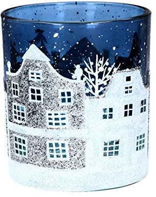 Gisela Graham Blue and White Christmas Street Scene Glass Tea light Candle Holder