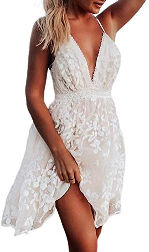 Loalirando Damen Schönes Spizenkleid Etuikleid Rückenfrei Kleid Festlich Hochzeitkleider Kurz Weiß (M, Spitzen)