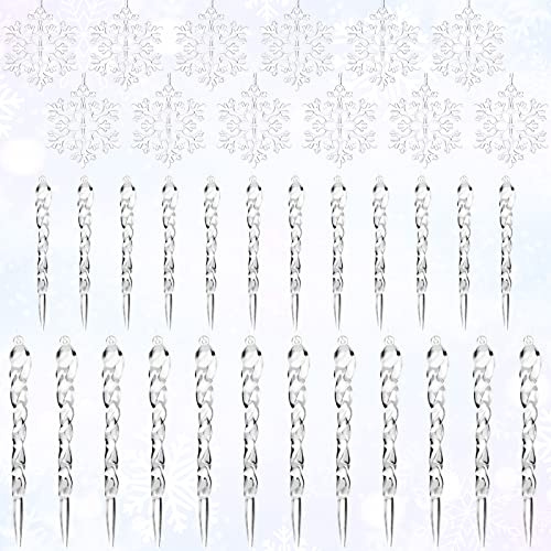 LIHAO 36PCS Christmas Icicle Ornaments Snowflake Ornaments Set with Sliver Hanging Cord, Christmas Acrylic Snowflake Icicles Ornaments Decorations for Xmas Tree Hanging Supplies