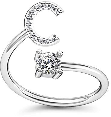 Bungsa BUCHSTABEN RING silber mit Kristallen - biegbarer Fingerring/Zehenring Toering für Damen, Kinder & Herren - A B C D E F G H I J K L M N O P R S T U V W Z