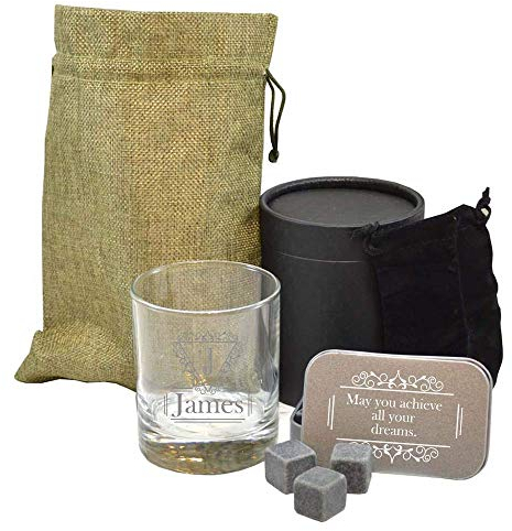 Personalised Whiskey Stones Gift Set Engraved with Glass Tumbler Reusable Ice Cubes Rocks Marble Granite Chilling Cooling Vintage Initials Gift Bag (Set of 4 Items)