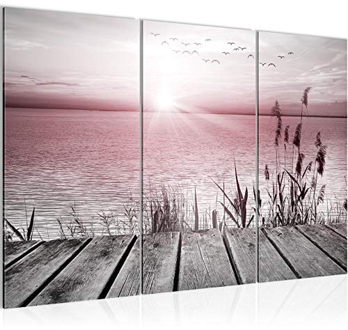 Runa Art Wandbilder Brücke Am See Bild XXL Wohnzimmer Schlafzimmer Grau Rosa Meer 120 x 80 cm 3 Teilig 034331b