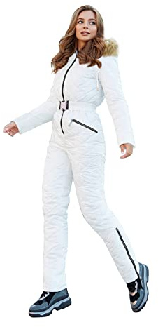 Yousify Womens Winter Ski Suit One Piece Hooded Fur Collar Ski Jumpsuit Snowsuit Outdoor Sports Coat